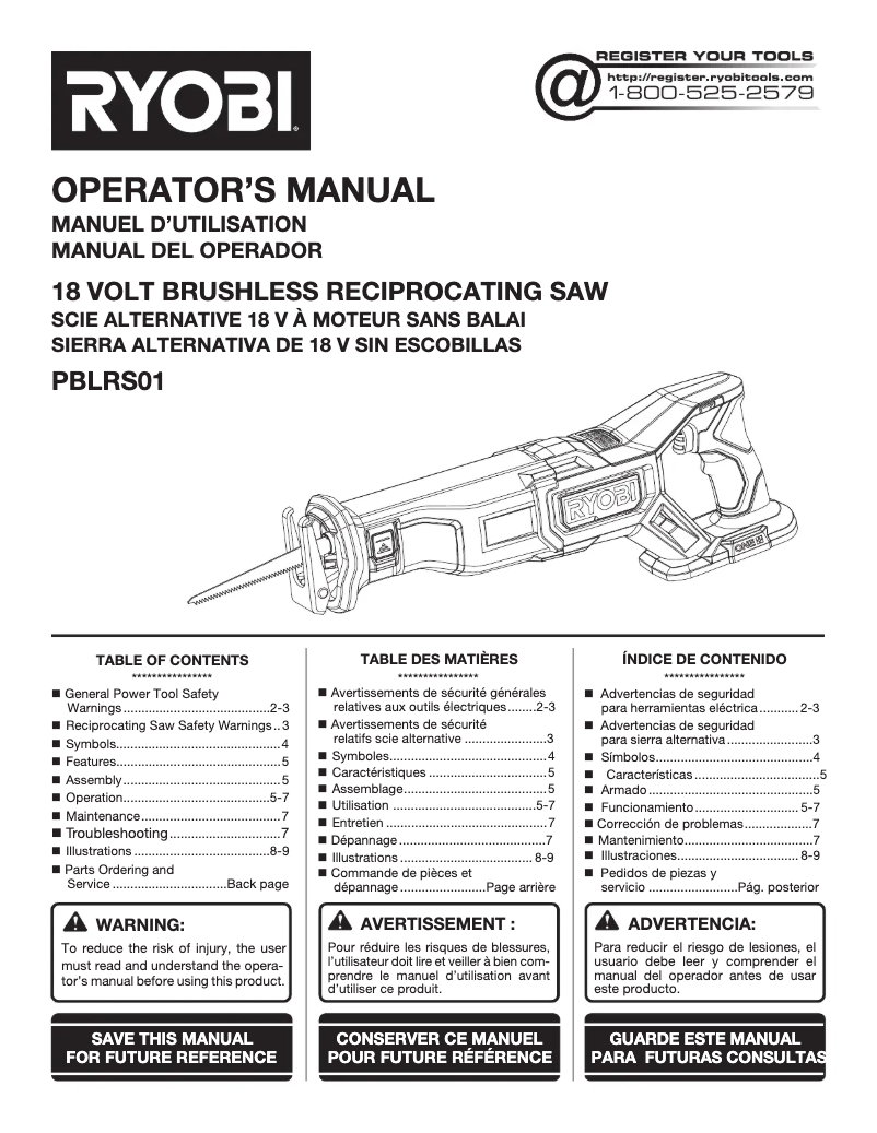 Page 1 de la notice Manuel utilisateur RYOBI One+ PBLRS01