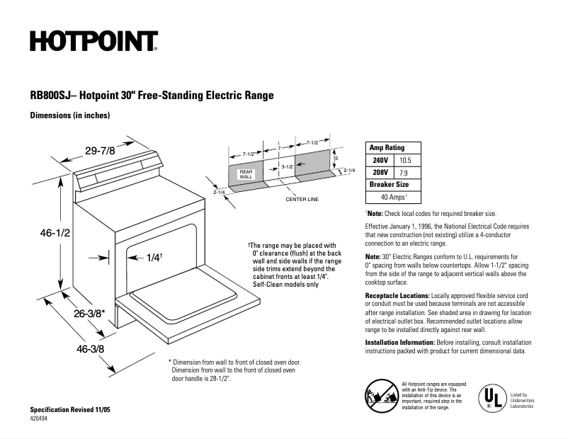 Page n°1 - Fiche technique Hotpoint RB800SJSA