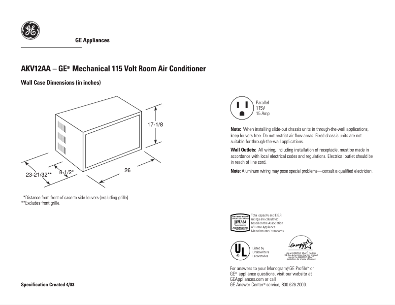Page n°1 - Fiche technique GE AKV12AA