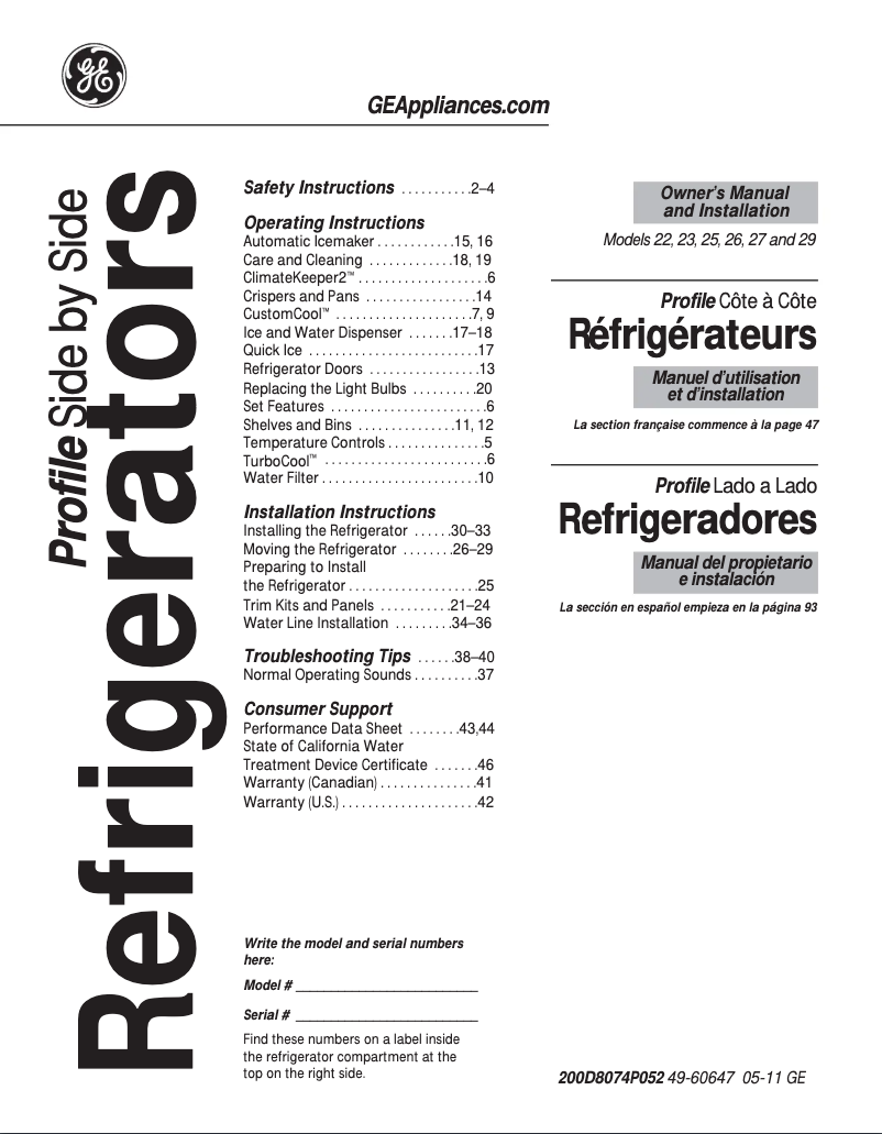 Image de la première page du manuel de l'appareil Profile PSDF5RGXCC