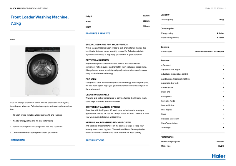 Image de la première page du manuel de l'appareil HWF75AW3