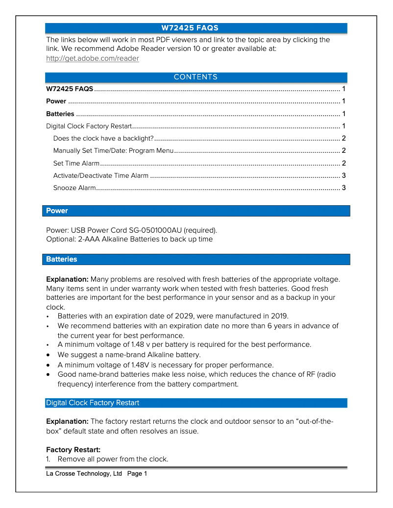 Page 1 de la notice FAQ La Crosse Technology W72425
