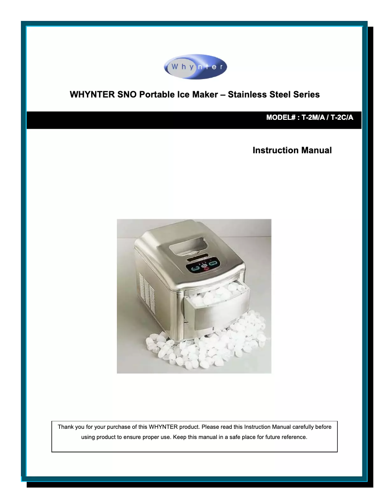 Page 1 de la notice Manuel utilisateur Whynter SNO T-2MA