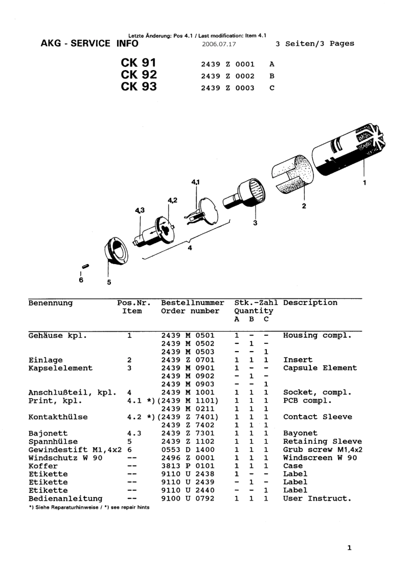 Page n°1 - Manuel utilisateur AKG CK91