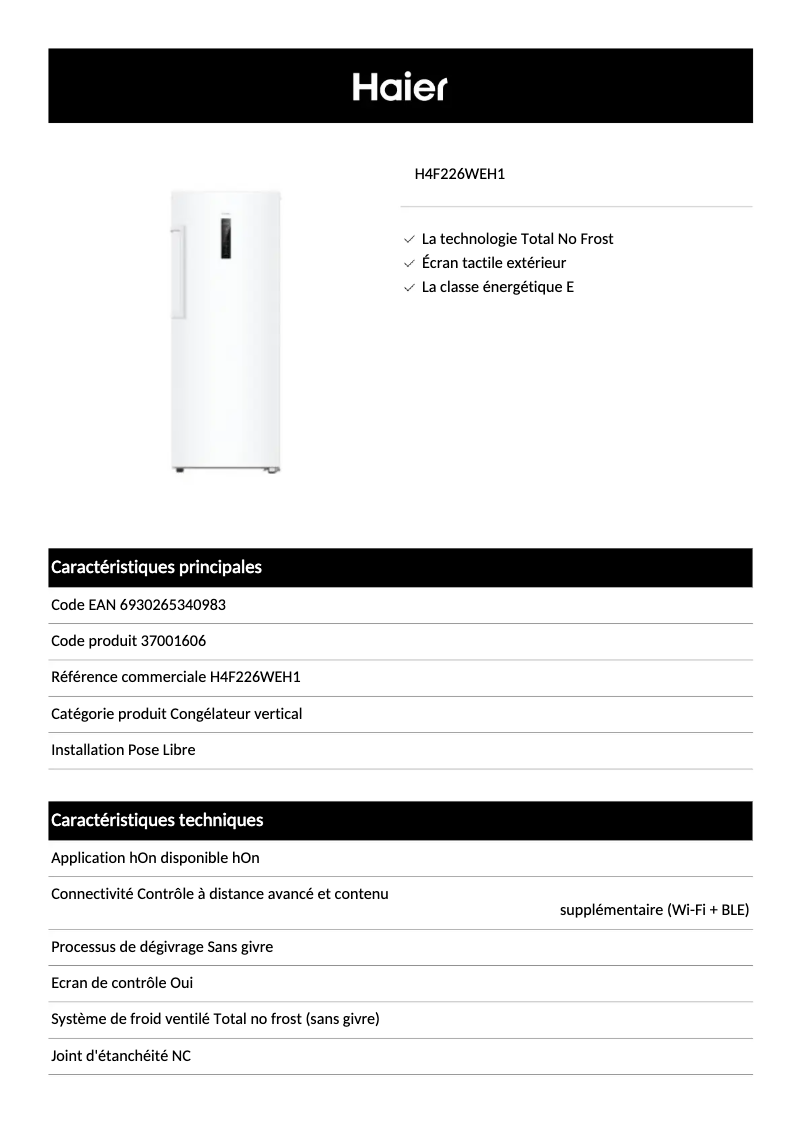 Page 1 de la notice Fiche technique Haier H4F226WEH1