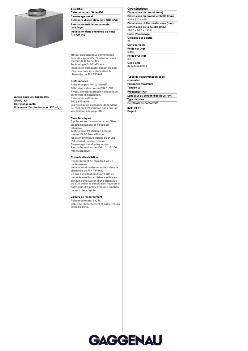 Page 1 de la notice Fiche technique Gaggenau AR400143