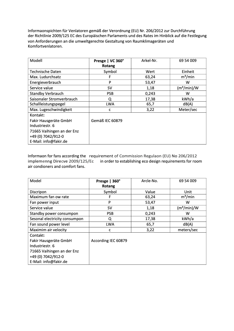 Page 1 de la notice Label énergétique Fakir Prestige VC 360° Rotating