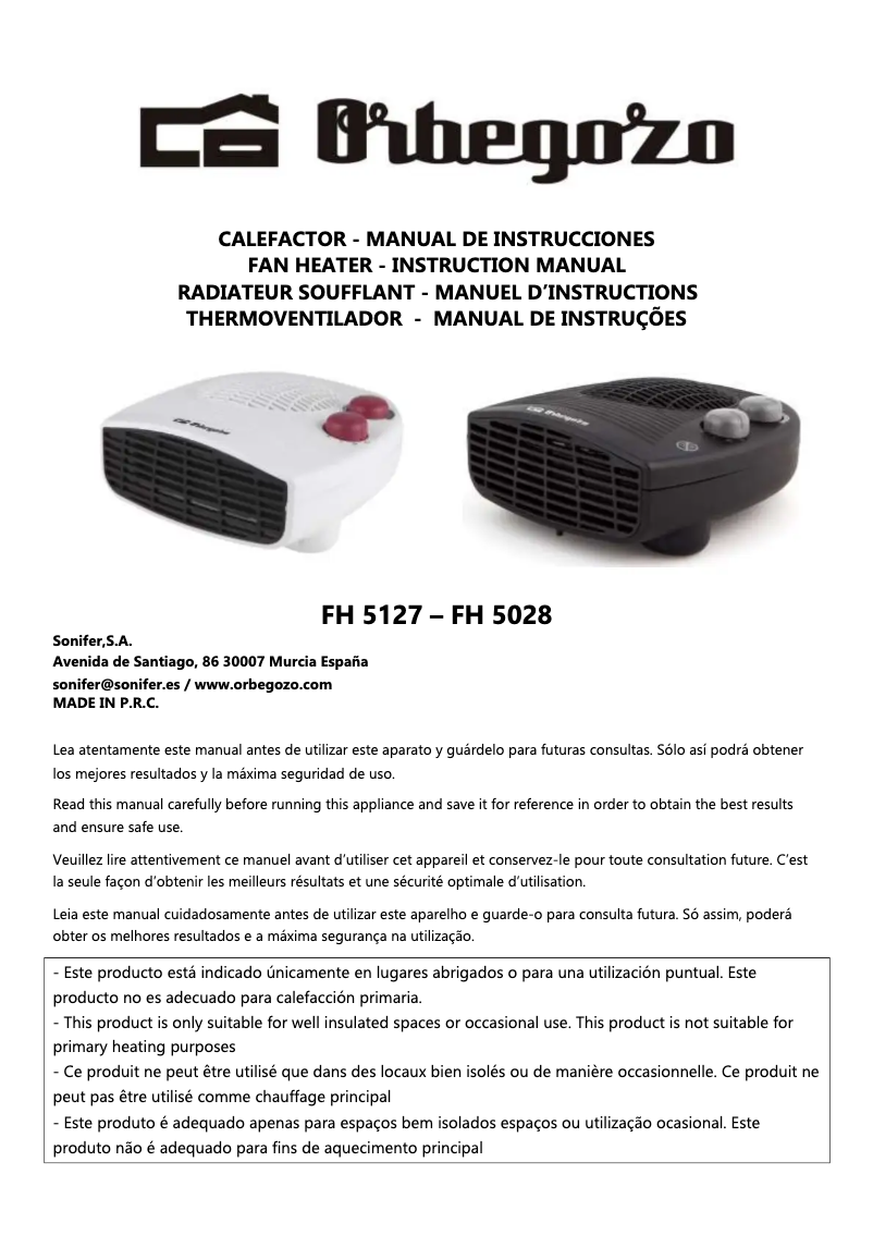 Page 1 de la notice Manuel utilisateur Orbegozo FH 5028