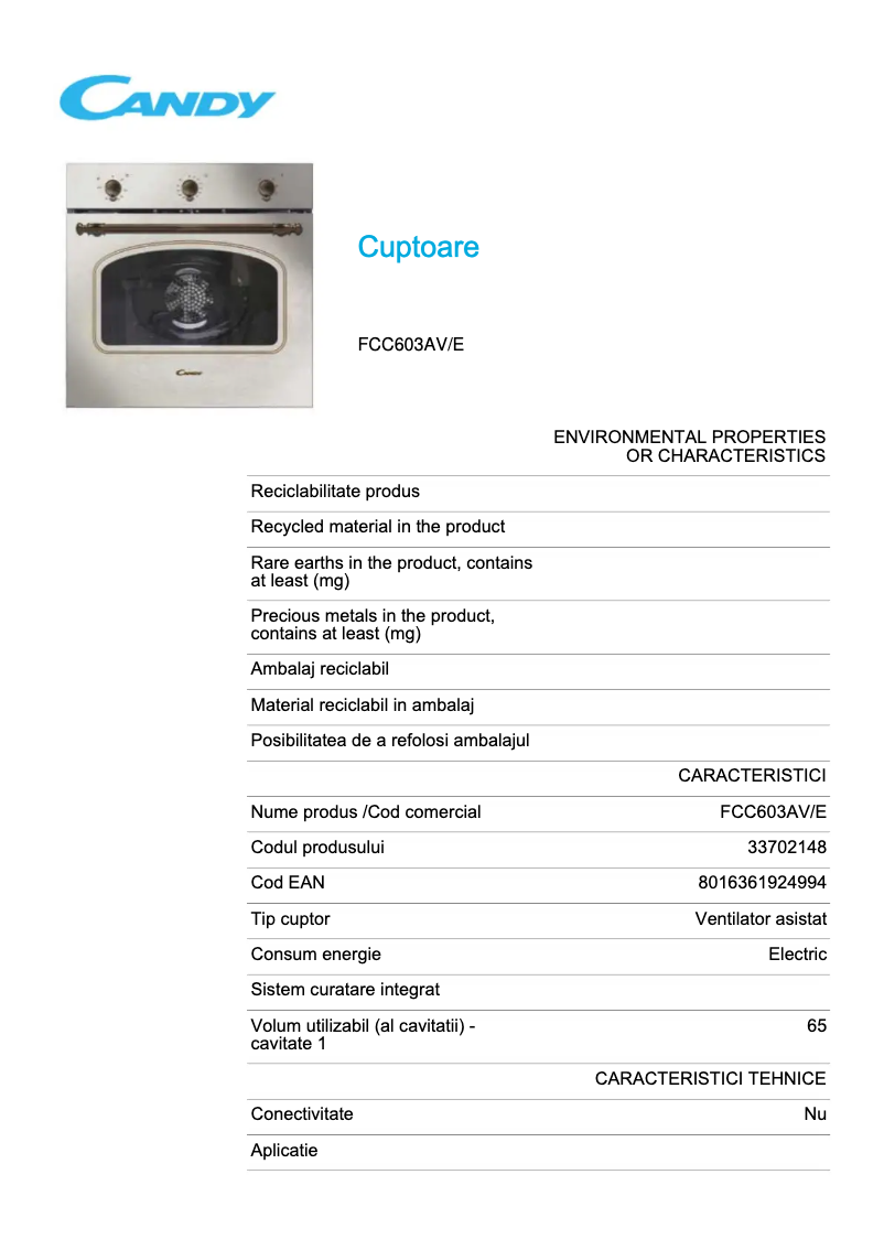Page n°1 - Fiche technique Candy FCC603AV/E