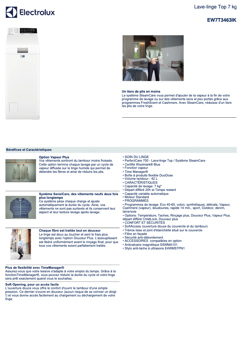 Page 1 de la notice Fiche technique Electrolux EW7T3463IK