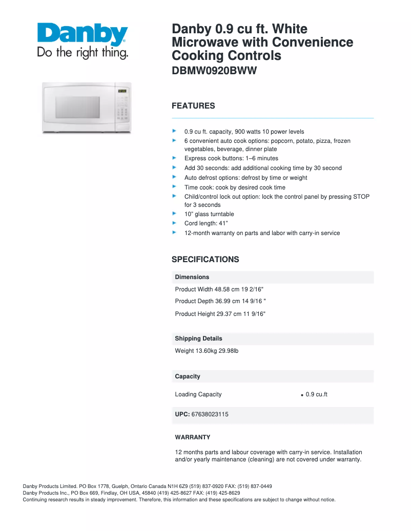Page n°1 - Fiche technique Danby DBMW0920BWW