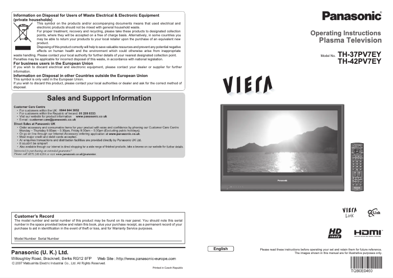 Page 1 de la notice Manuel utilisateur Panasonic Viera TH-37PV7EY