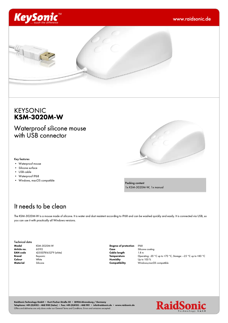 Page 1 de la notice Fiche technique KeySonic KSM-3020M-W