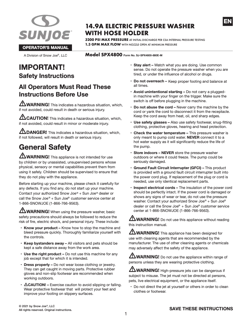 Page 1 de la notice Manuel utilisateur Sun Joe SPX4800