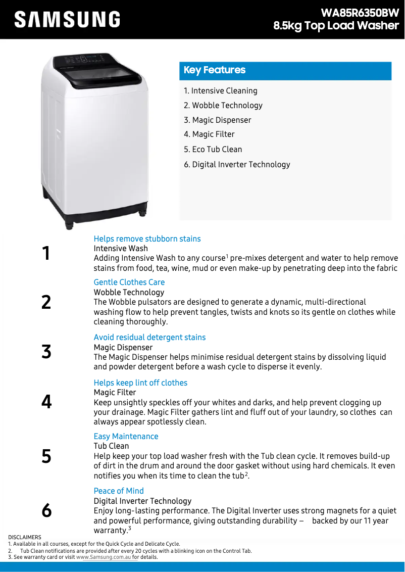 Page 1 de la notice Fiche technique Samsung WA85R6350BW