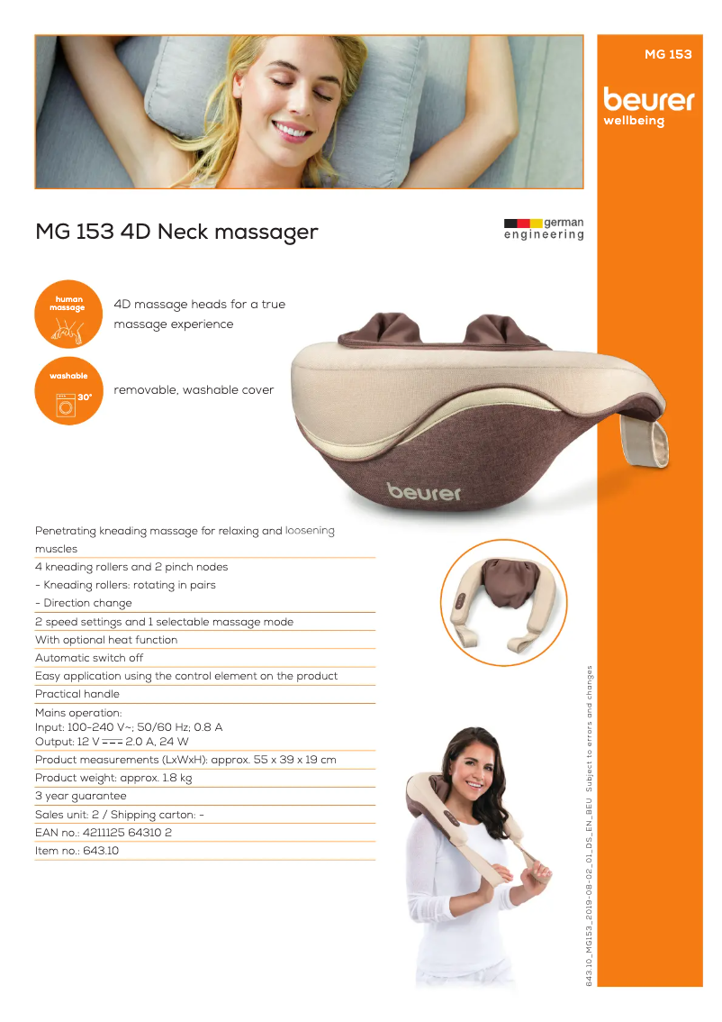 Page 1 de la notice Fiche technique Beurer MG 153