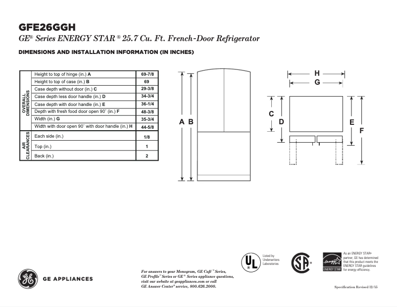 Page n°1 - Fiche technique GE GFE26GGHWW