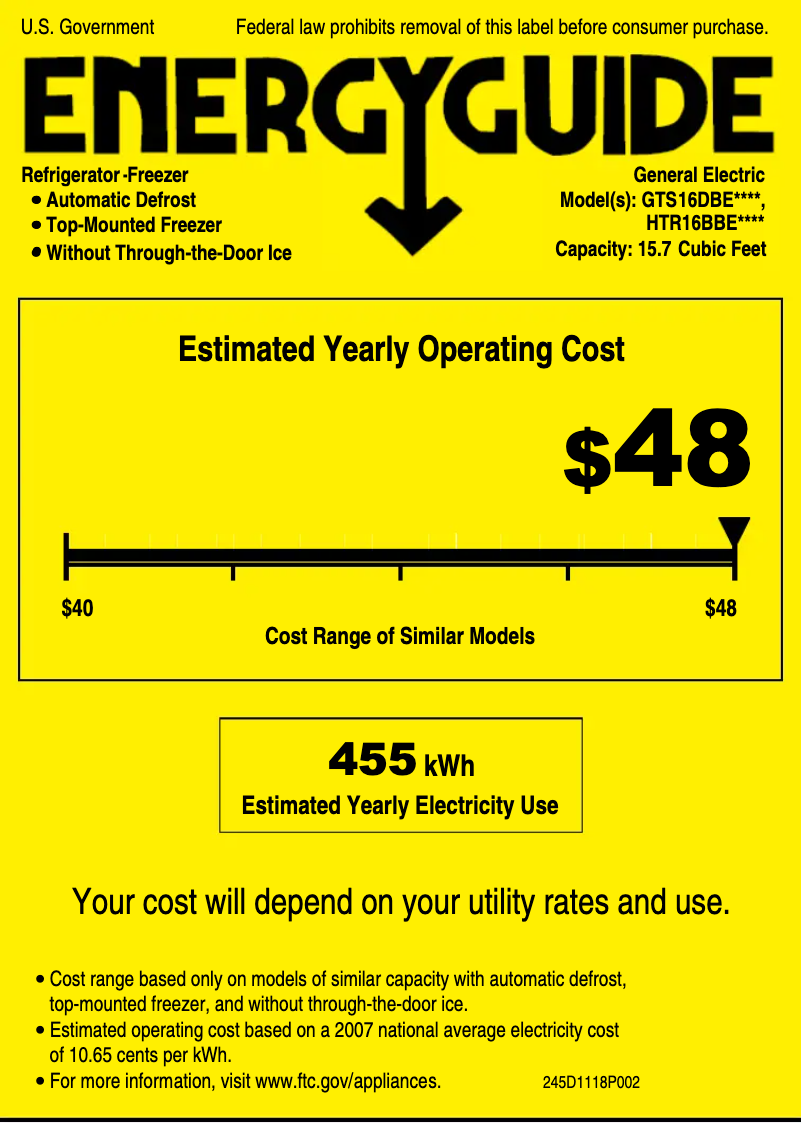Page 1 de la notice Label énergétique GE GTS16DBERCC