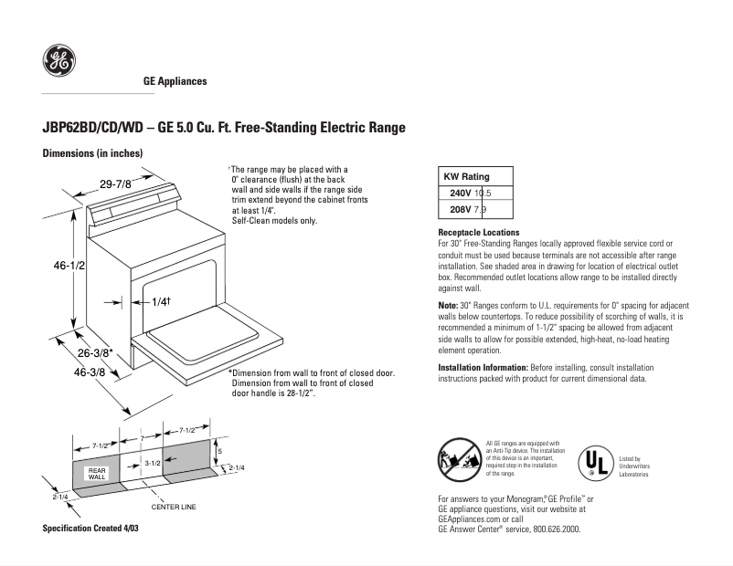 Image de la première page du manuel de l'appareil JBP62WDWW