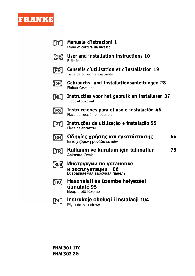 Page n°1 - Manuel utilisateur Franke Bisel TC FHM 301 1TC XS C