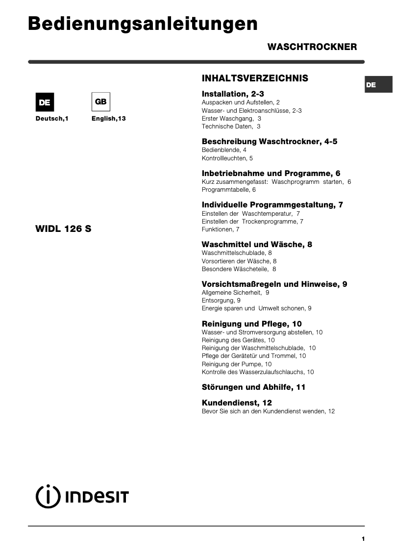 Image de la première page du manuel de l'appareil WIDL 126 S (DE)