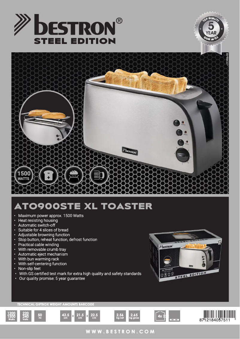 Page 1 de la notice Fiche technique Bestron ATO900STE