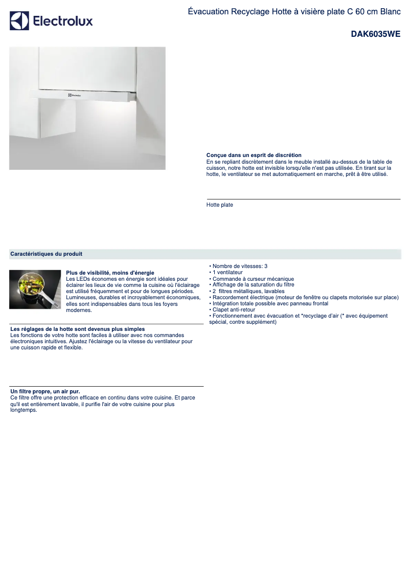 Page 1 de la notice Fiche technique Electrolux DAK6035WE