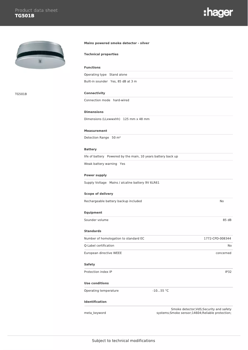 Page 1 de la notice Fiche technique Hager TG501B