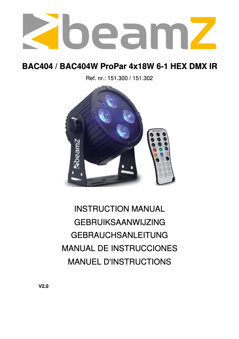 Page 1 de la notice Manuel utilisateur BeamZ BAC404W 151.302