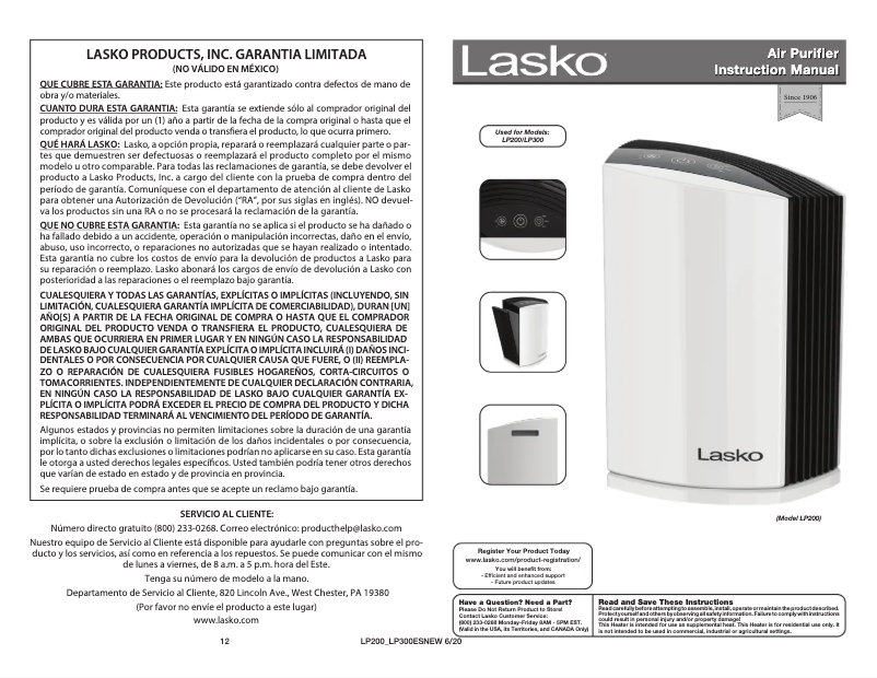 Page 1 de la notice Manuel utilisateur Lasko LP300