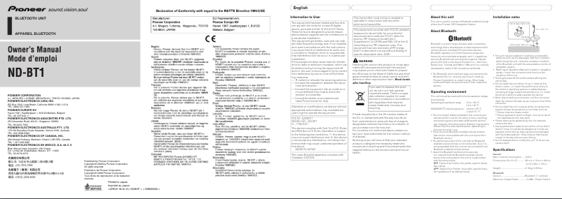 Page 1 de la notice Manuel utilisateur Pioneer ND-BT1