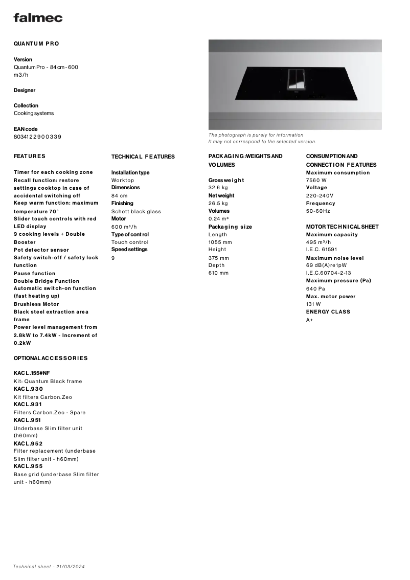 Page 1 de la notice Fiche technique Falmec Quantum Pro