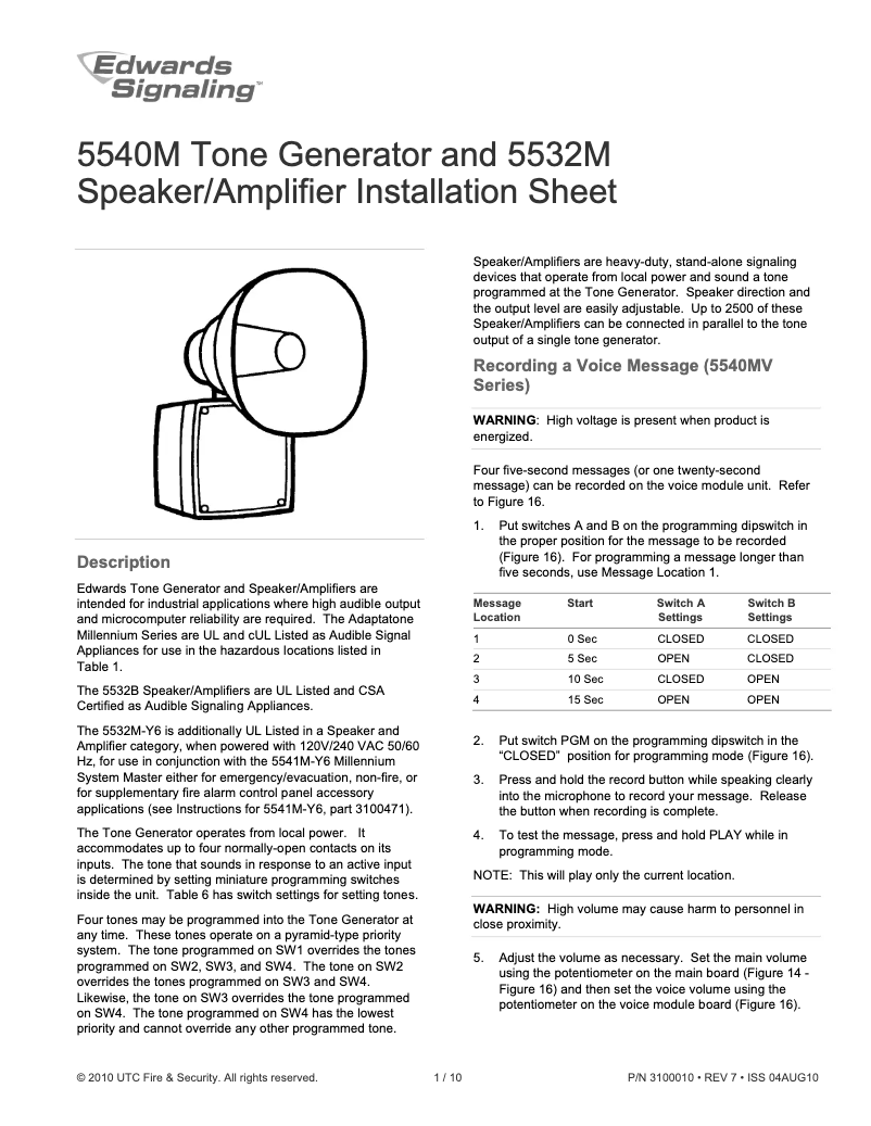 Page n°1 - Manuel utilisateur Edwards Signaling 5532M