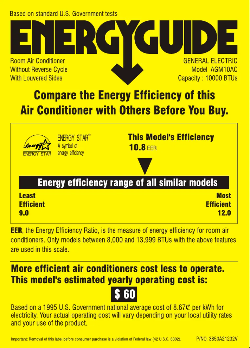 Page n°1 - Label énergétique GE AGM10AC