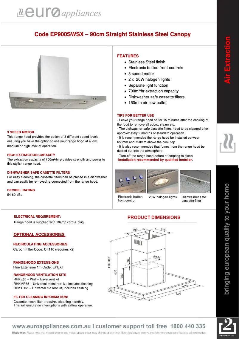 Page n°1 - Fiche technique Euro Appliances EP900SWSX