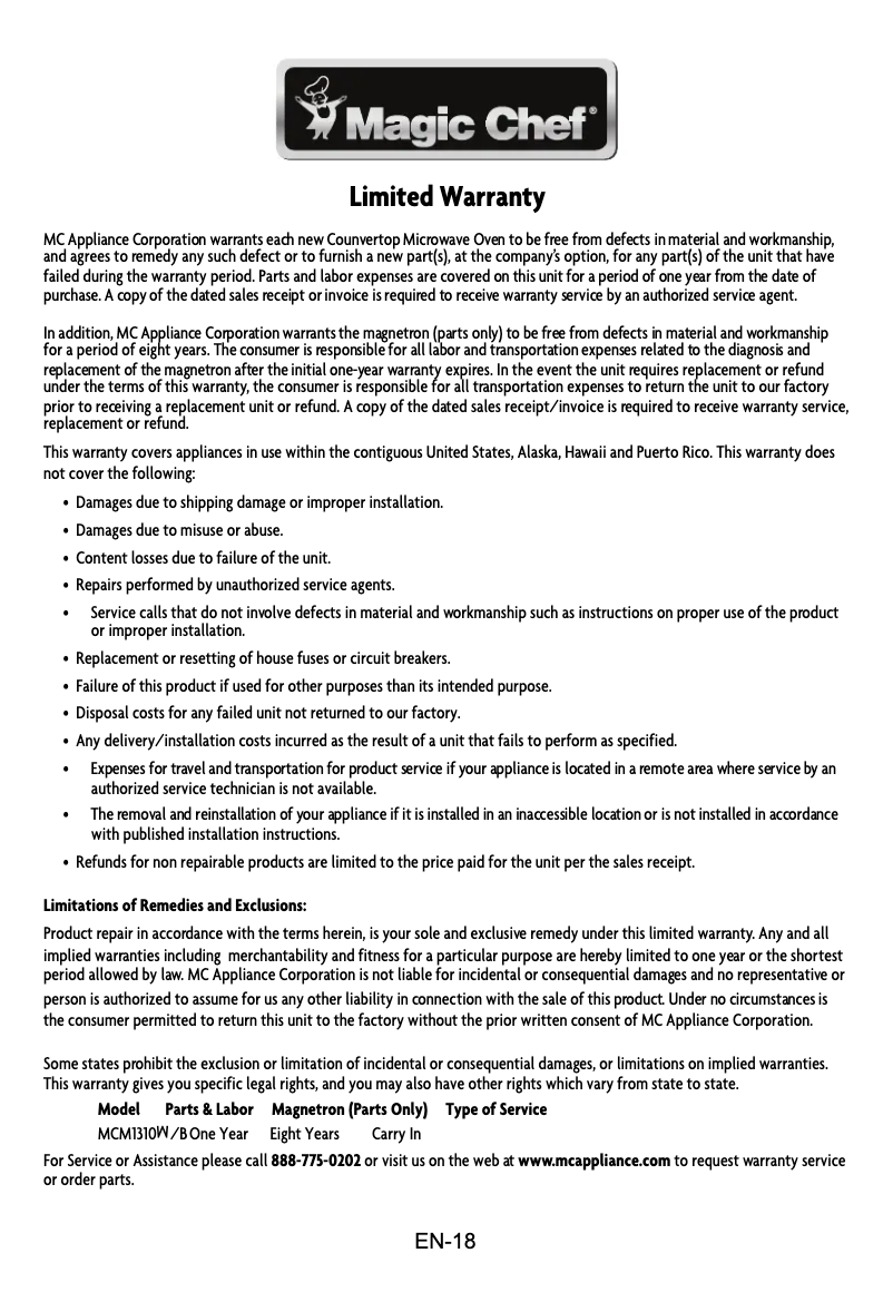 Page 1 de la notice Informations de garantie Magic Chef MCM1310W