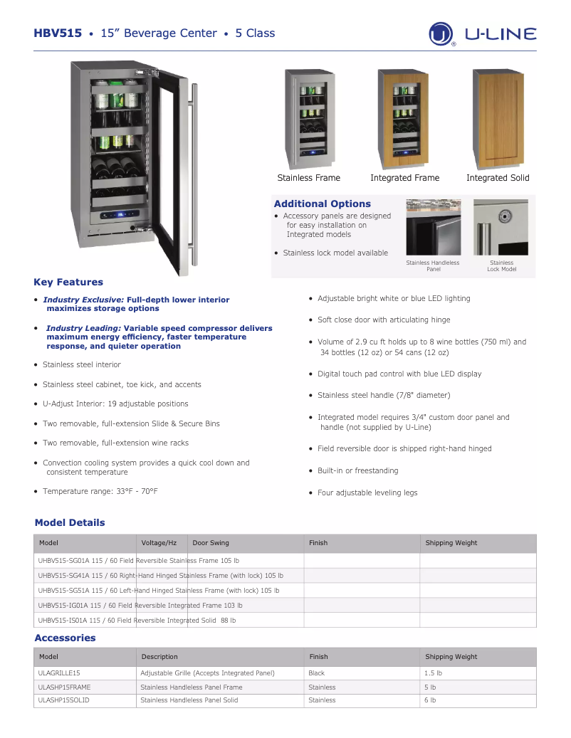 Page n°1 - Fiche technique U-Line UHBV515-SG51A