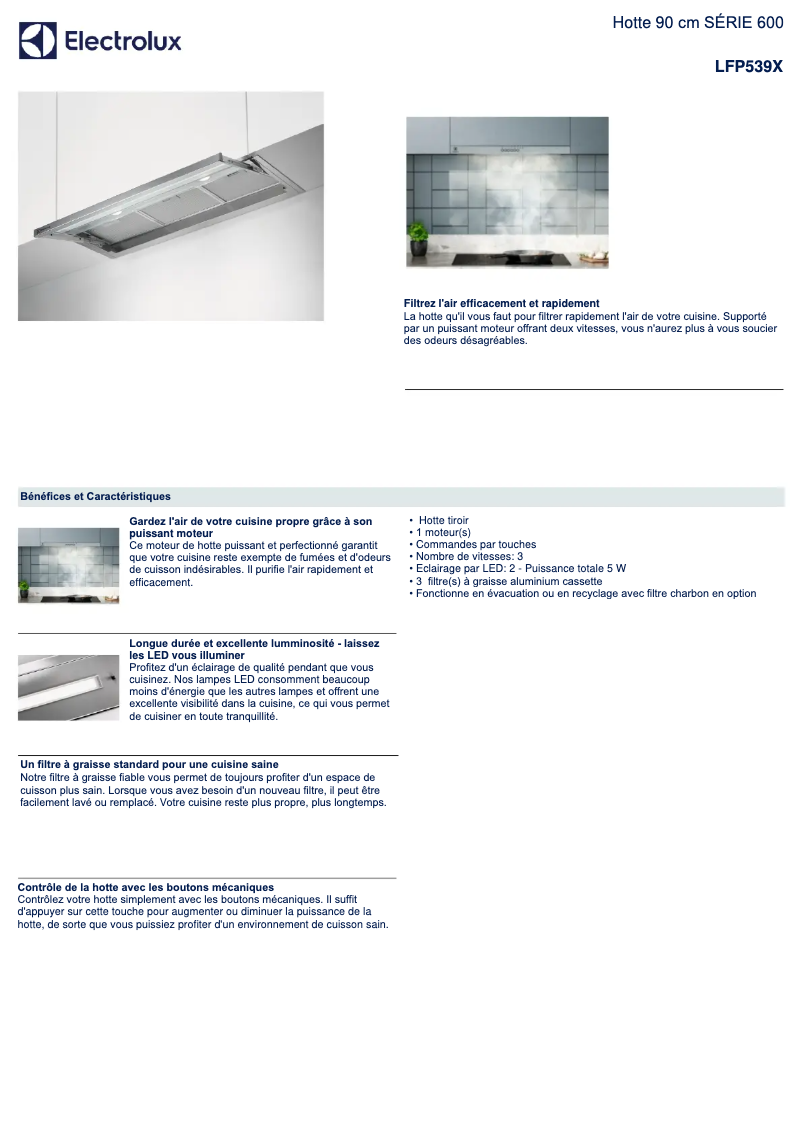 Page 1 de la notice Fiche technique Electrolux LFP539X