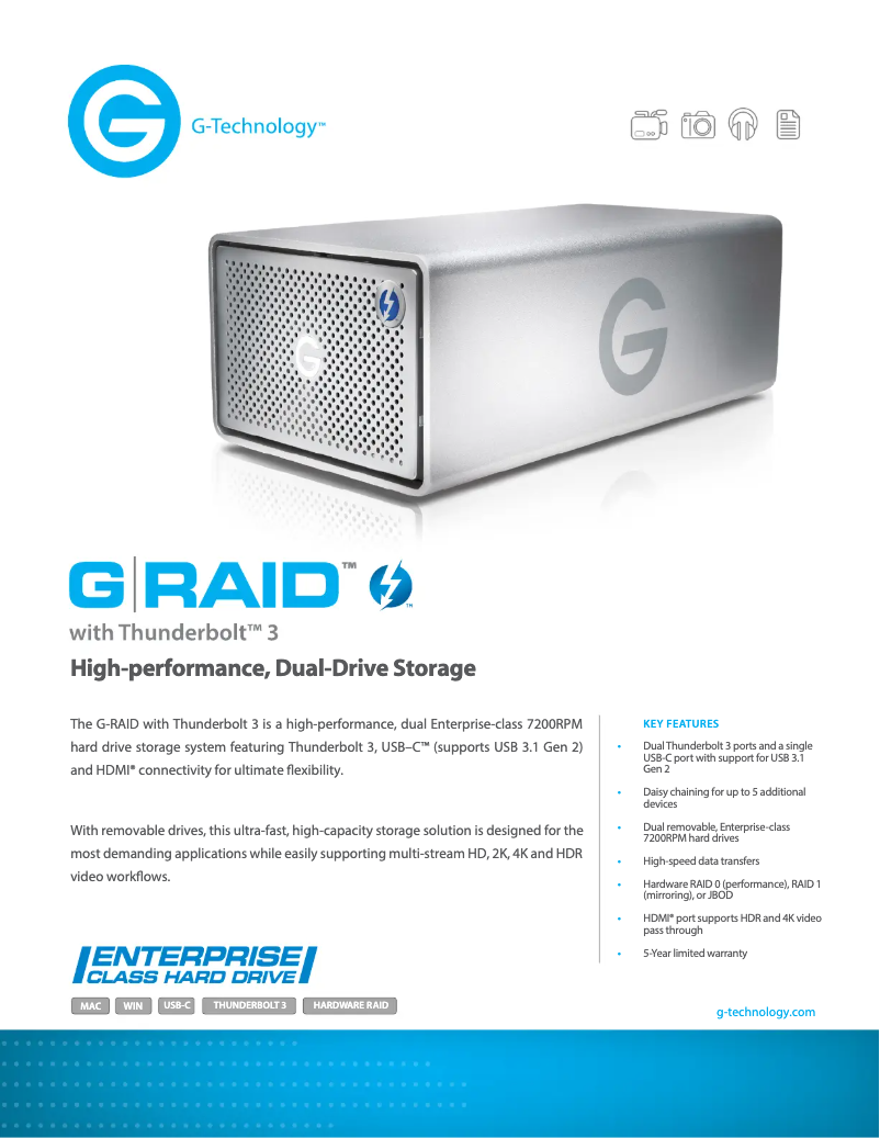 Page 1 de la notice Fiche technique G-Technology G-RAID with Thunderbolt 3