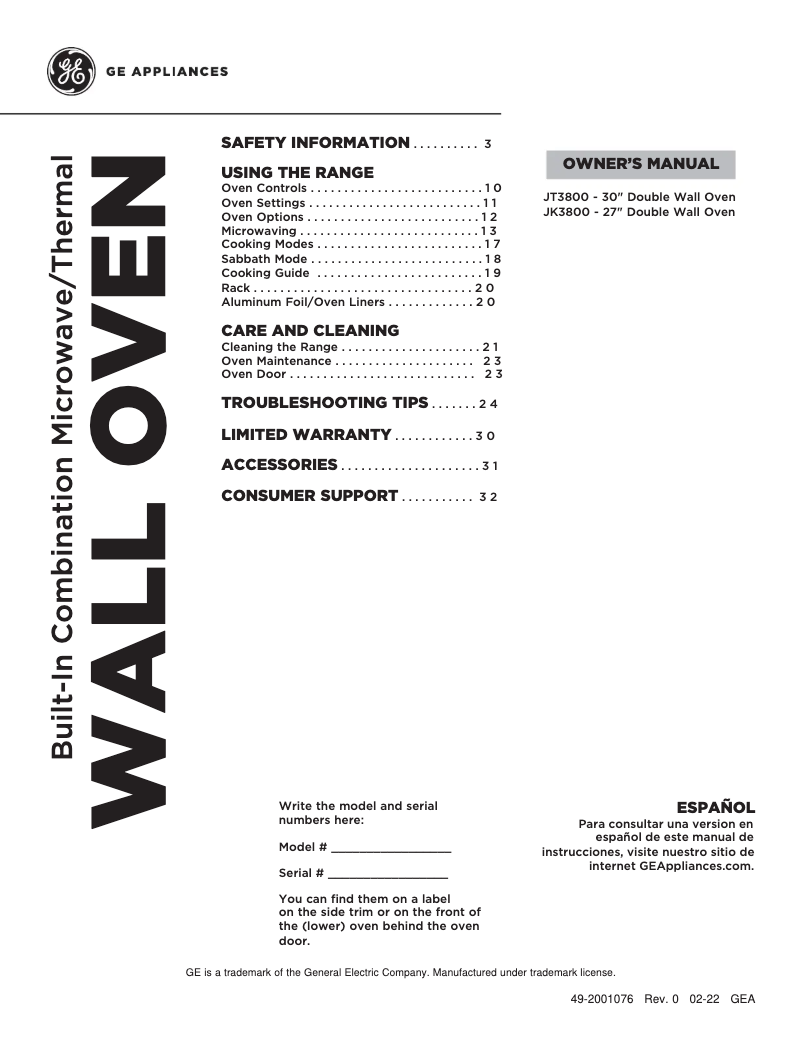Page 1 of the manual User Manual GE JT3800SHSS