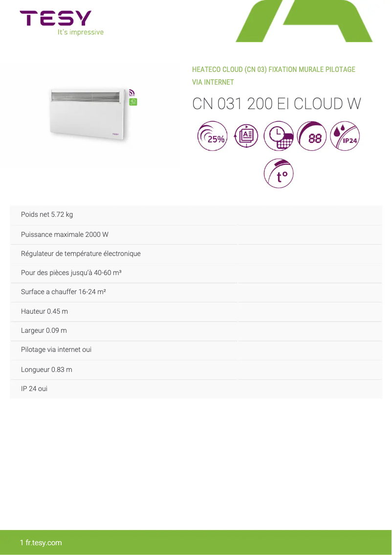 Page 1 de la notice Manuel utilisateur Tesy CN 031 200 EI CLOUD W