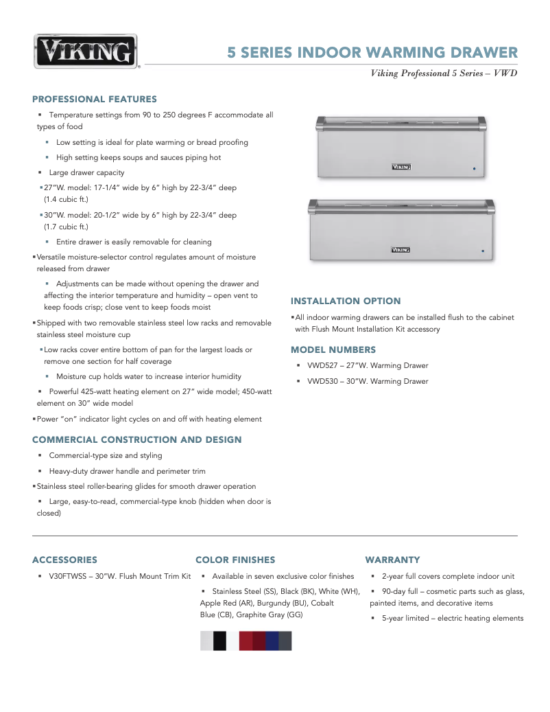 Page 1 of the manual Technical Sheet Viking VWD527SS