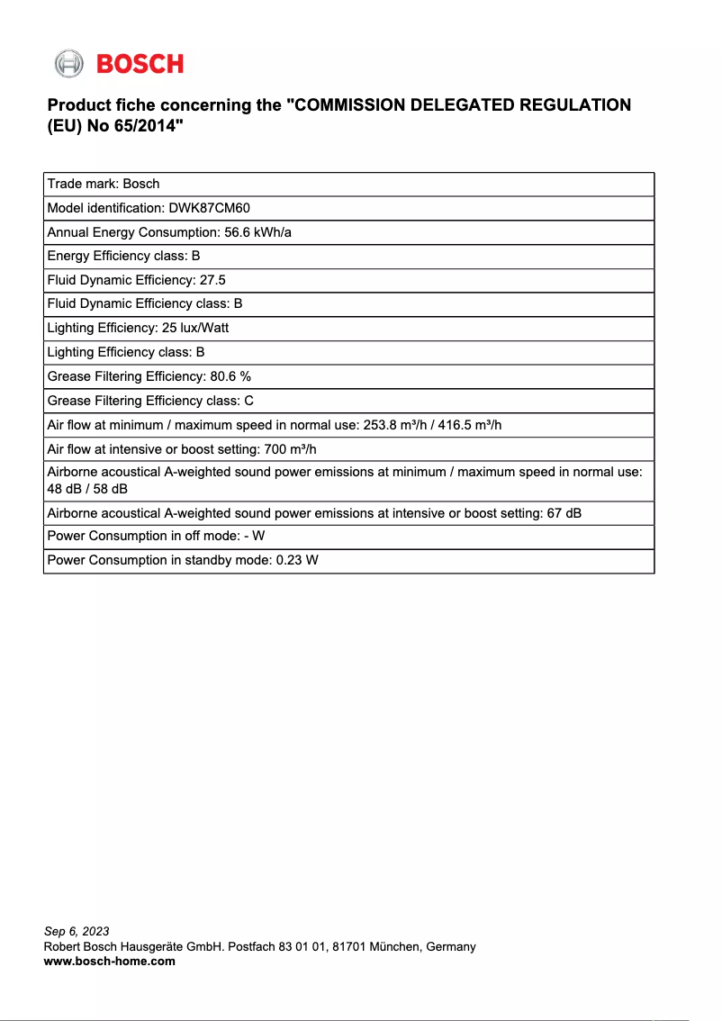 Page 1 de la notice Fiche technique Bosch DWK87CM60