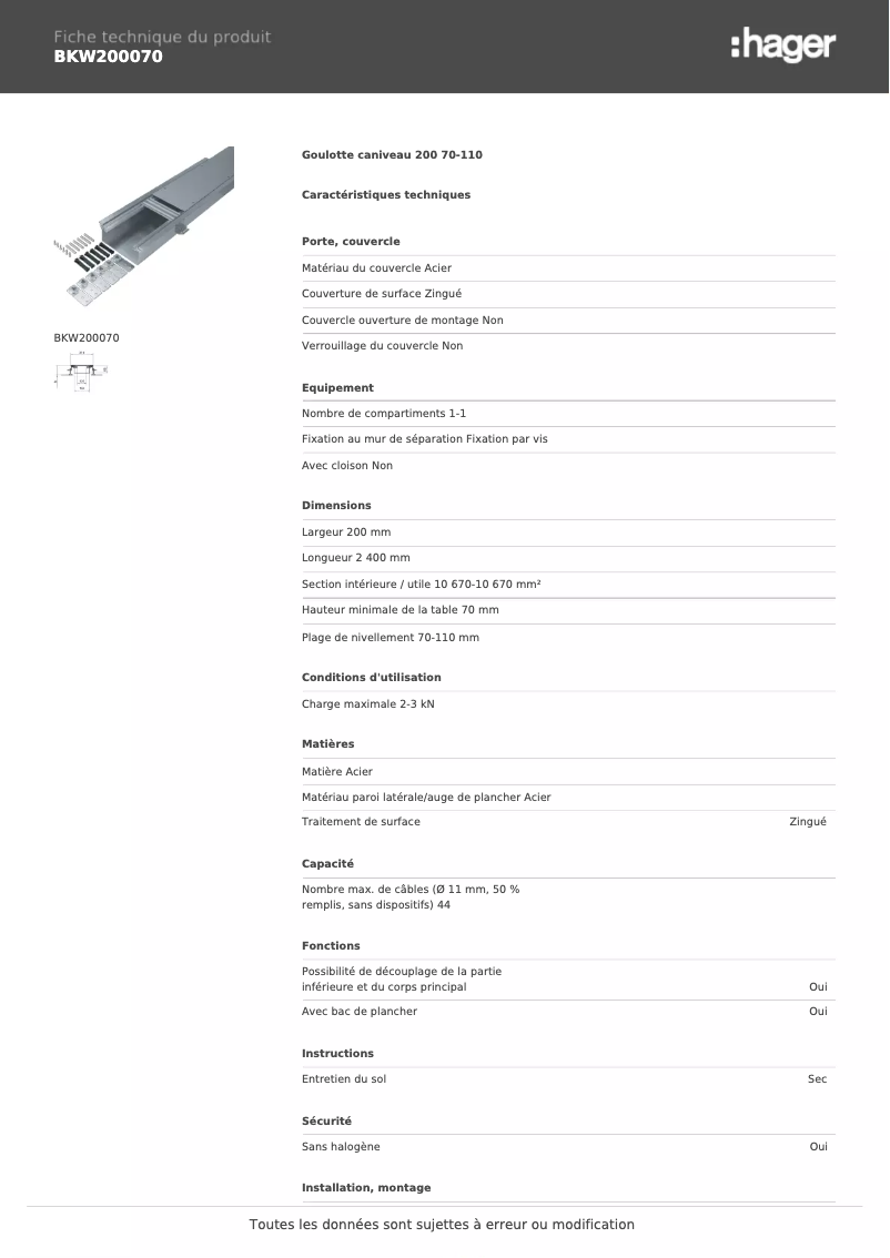 Page 1 de la notice Fiche technique Hager BKW200070