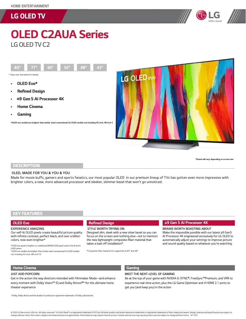 Page 1 de la notice Fiche technique LG OLED42C2PUA