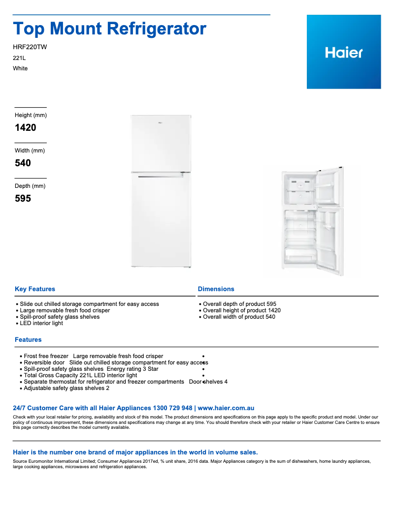 Page 1 de la notice Fiche technique Haier HRF220TW