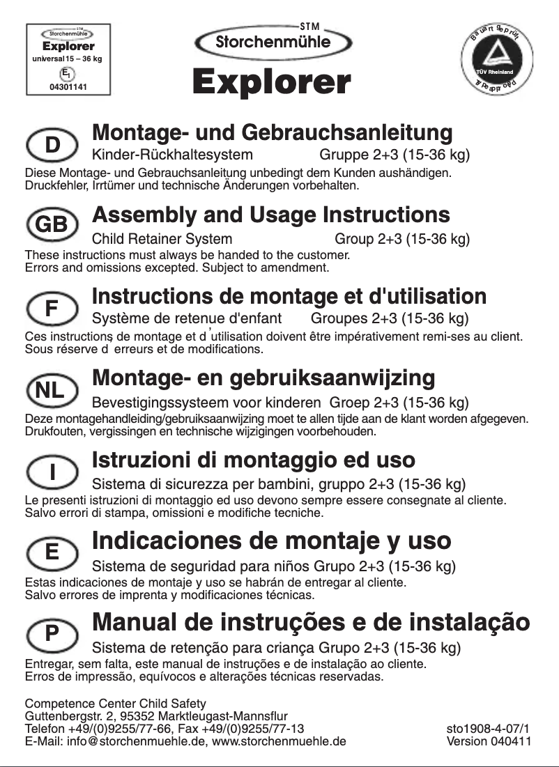 Page 1 de la notice Manuel utilisateur Storchenmuhle Explorer