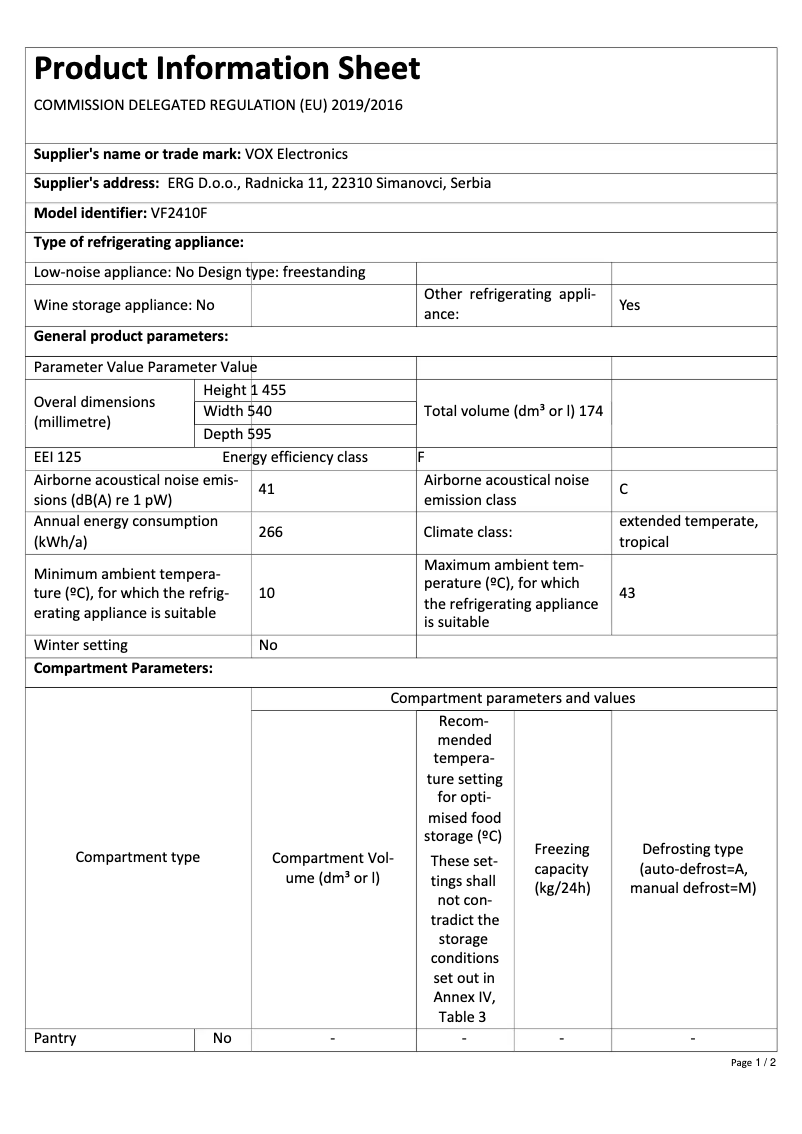 Page 1 de la notice Fiche technique VOX VF 2410 F