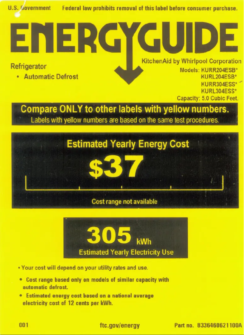 Page 1 de la notice Label énergétique KitchenAid KURR204ESB