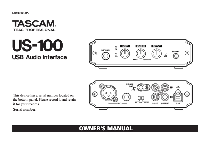 Page 1 de la notice Manuel utilisateur Tascam US-100